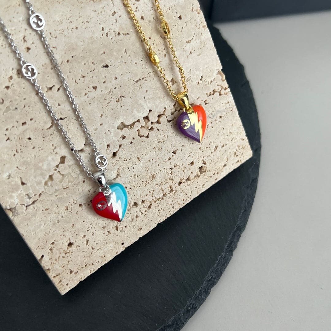 Double Gucci Interlocking Gucci Heart Lightning Charm Necklace