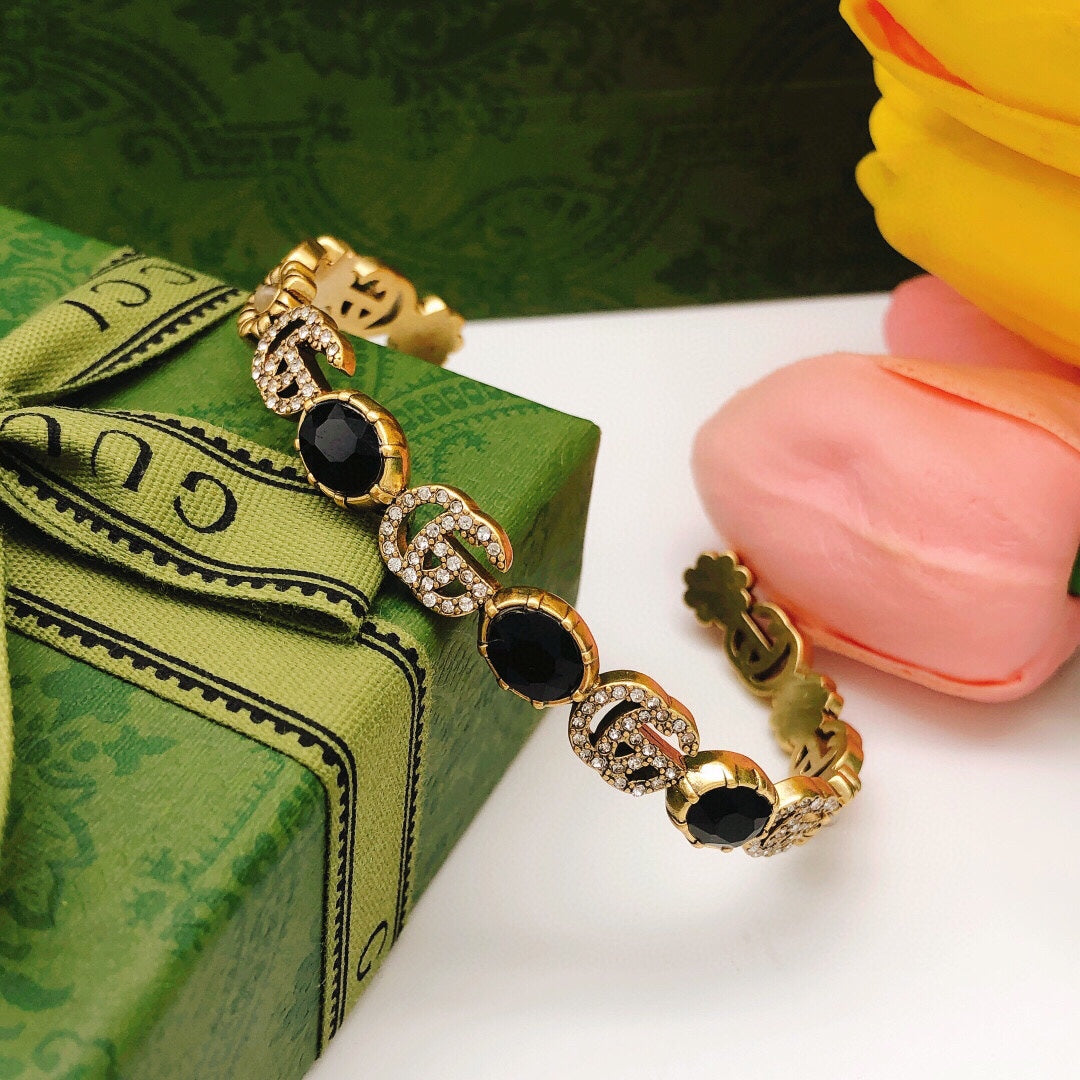 18K Double Gucci Flowers Black Crystals Open Cuff Bracelet
