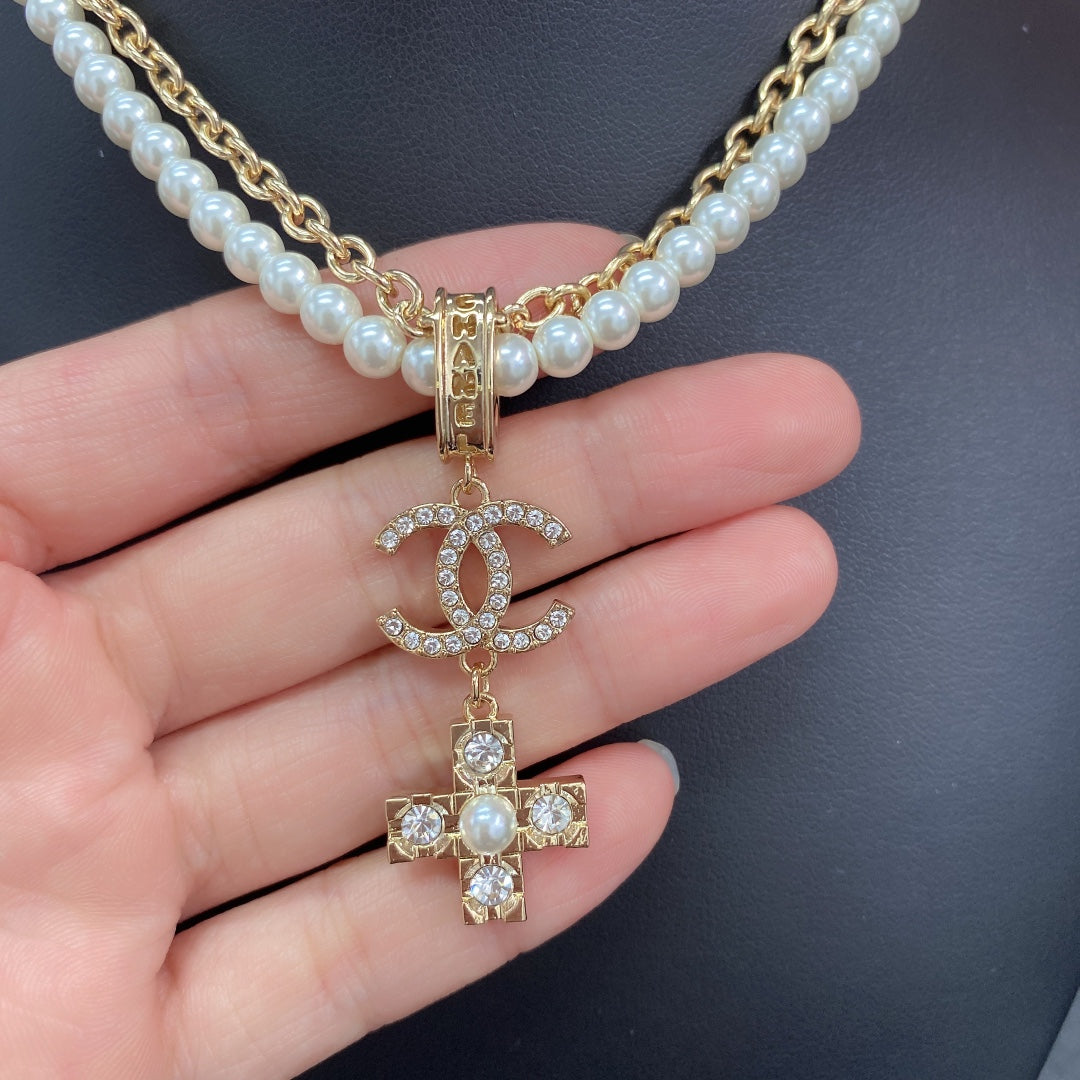 18K Chanel Cross Diamond Pearl Chain Necklace