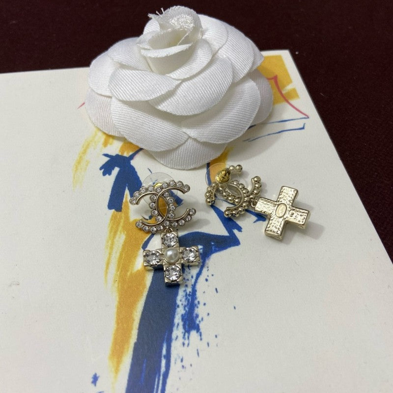 18K Chanel Cross Pearl & Diamond Earrings
