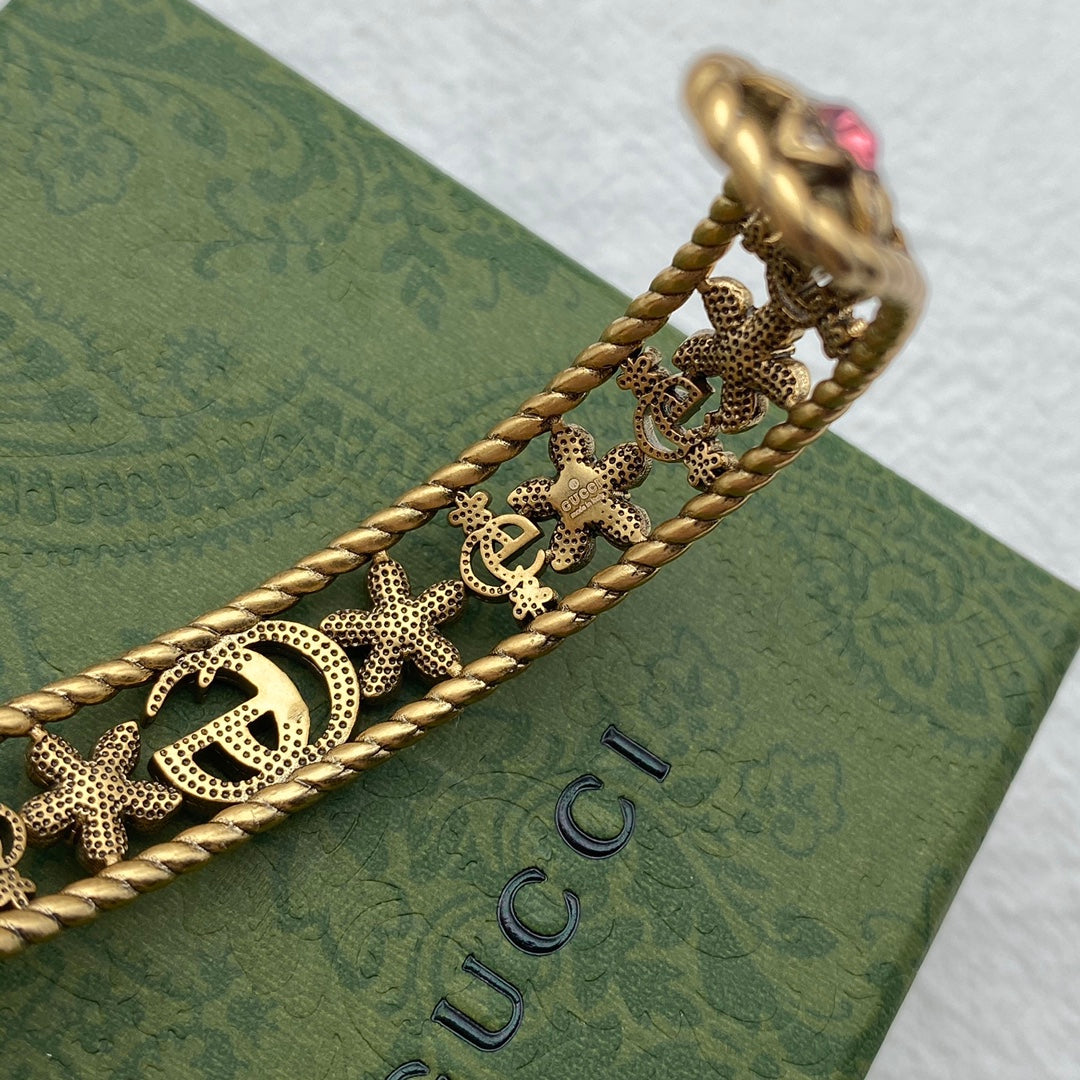 18K Double Gucci Red Crystal Flower Cuff Bracelet