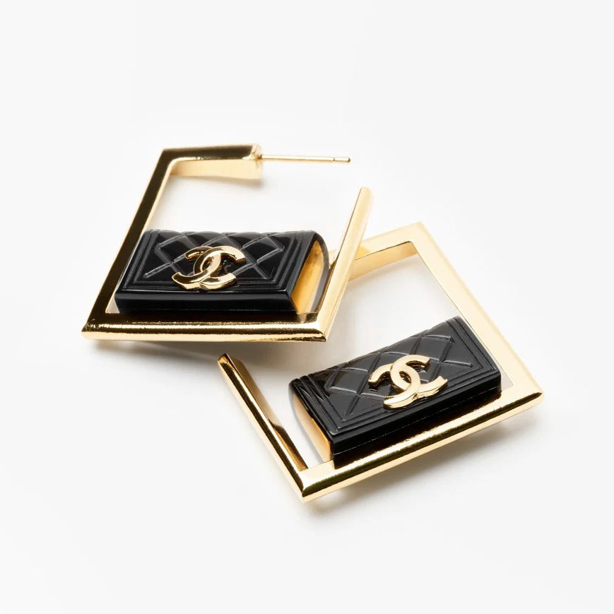 18K  Chanel Black Bag Hoop Earrings