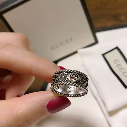 Double Gucci Aged Sterling Silver Interlocking Gucci Flower Ring