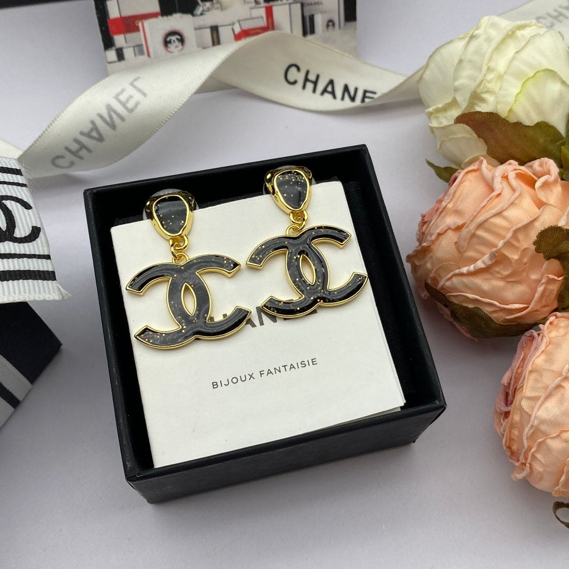 18K  Chanel Classic Black Dangle Earrings