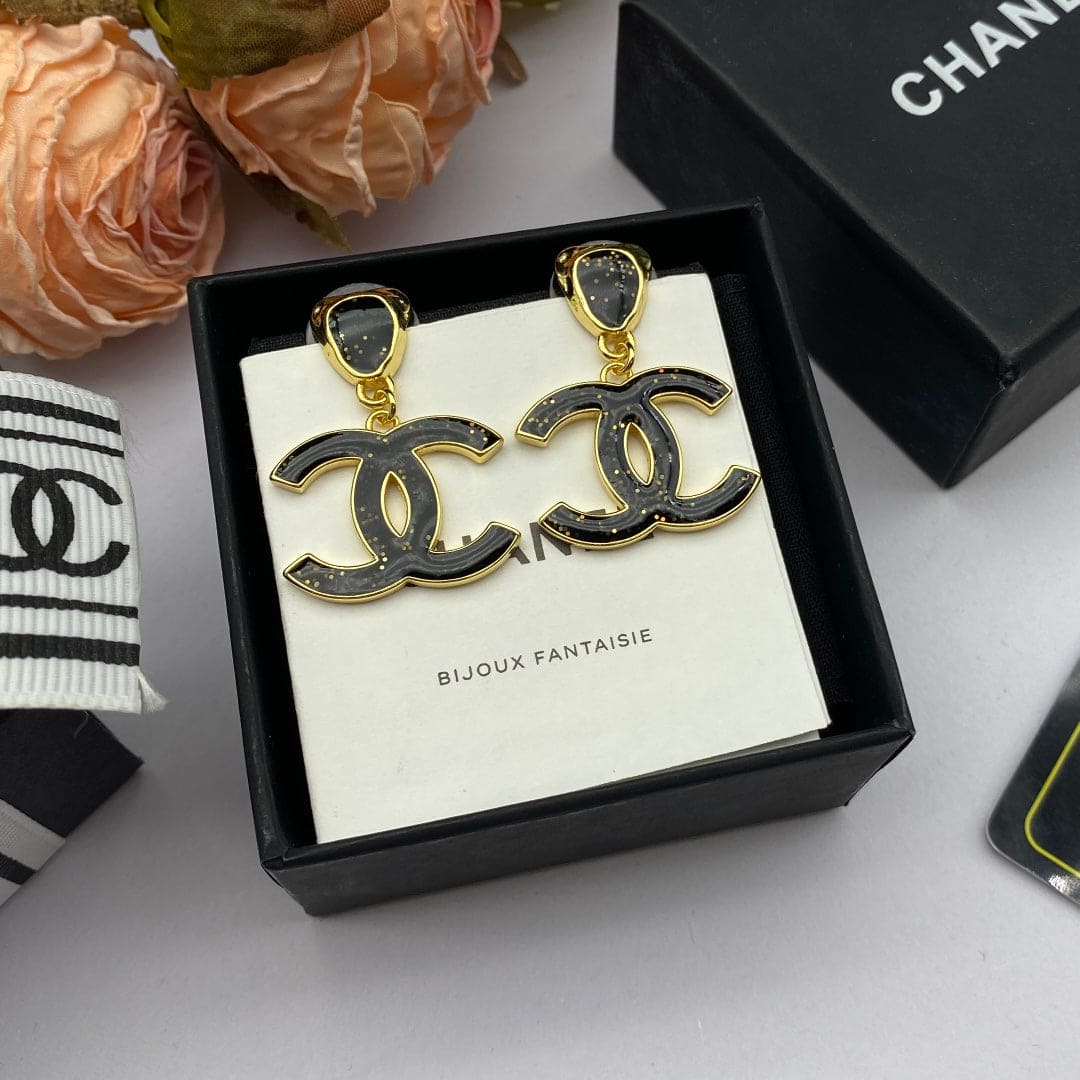 18K  Chanel Classic Black Dangle Earrings