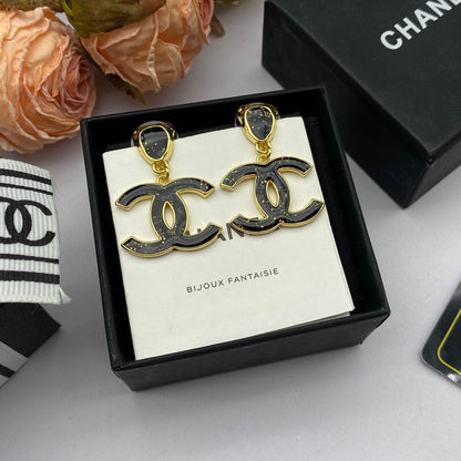 18K  Chanel Classic Black Dangle Earrings