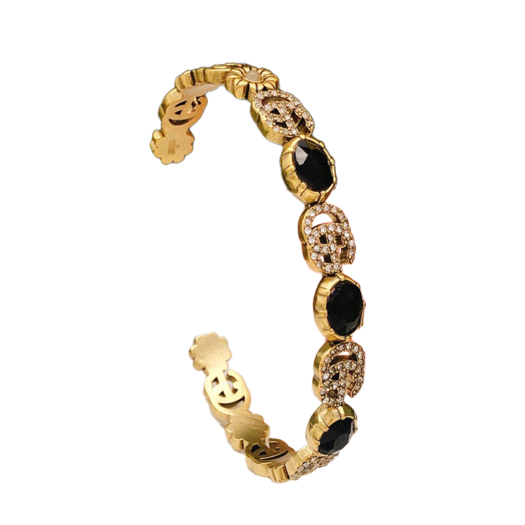 18K Double Gucci Flowers Black Crystals Open Cuff Bracelet