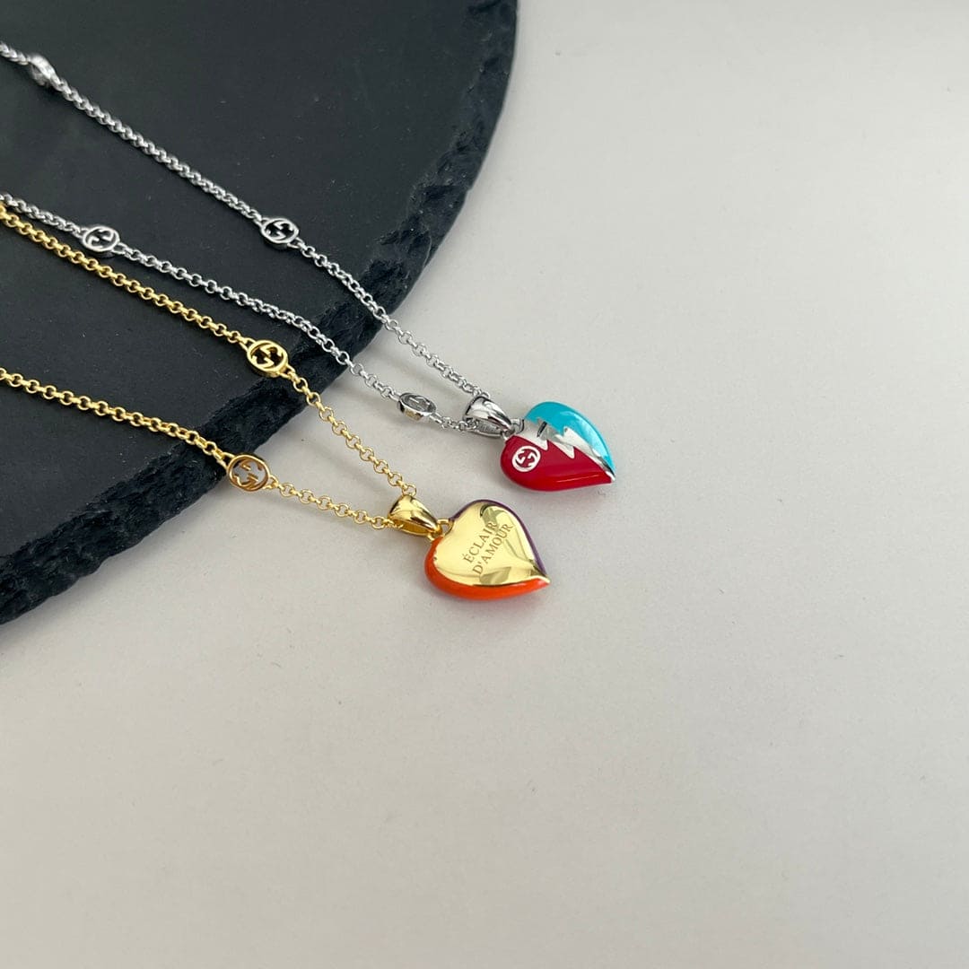 Double Gucci Interlocking Gucci Heart Lightning Charm Necklace