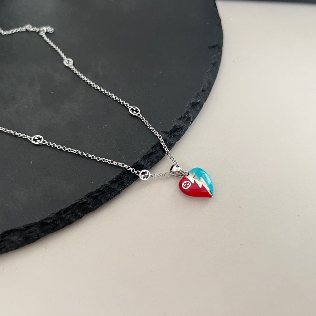 Double Gucci Interlocking Gucci Heart Lightning Charm Necklace