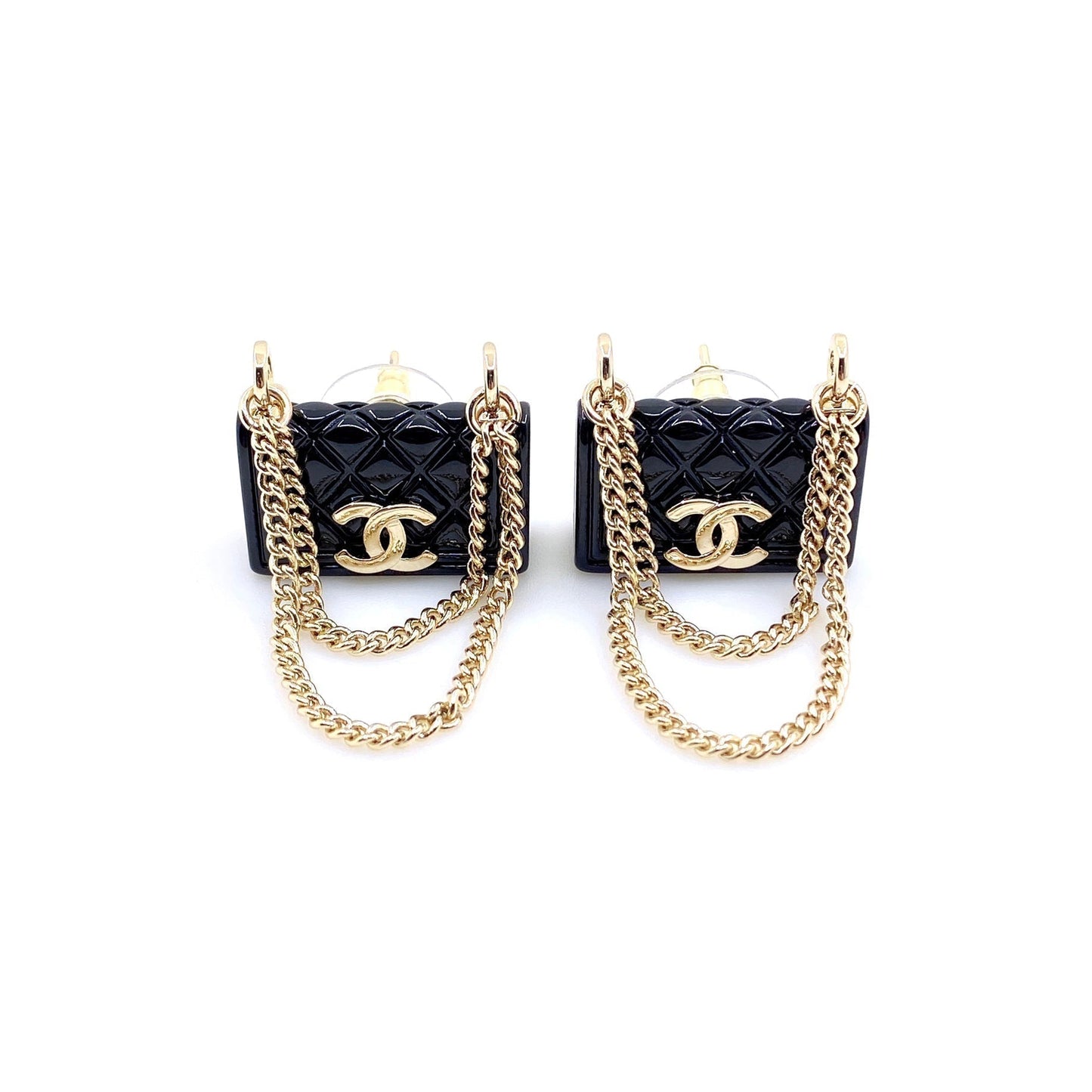 18K  Chanel Black Bag Pendant Earrings