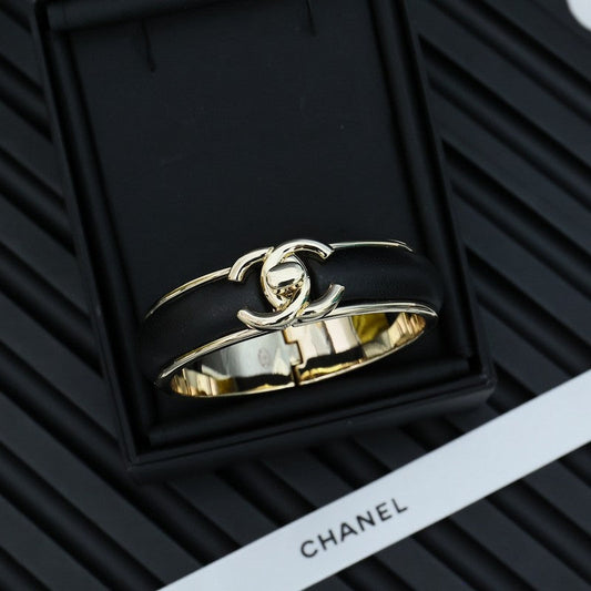 18K  Chanel Black Leather Cuff Bracelet