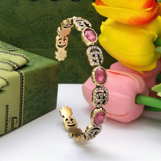 18K Double Gucci Red Crystals Open Cuff Bracelet