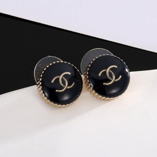 18K  Chanel Circle Black Resin Earrings