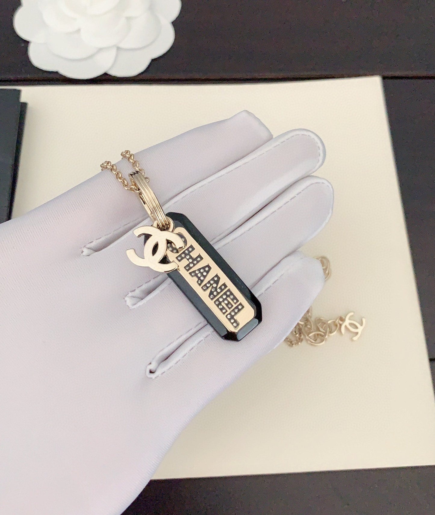 18K  Chanel Black Plate Chain Necklace