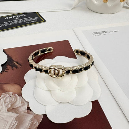 18K  Chanel Black Leather Cuff Bracelet