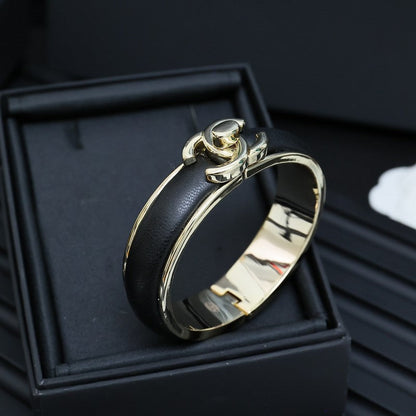 18K  Chanel Black Leather Cuff Bracelet