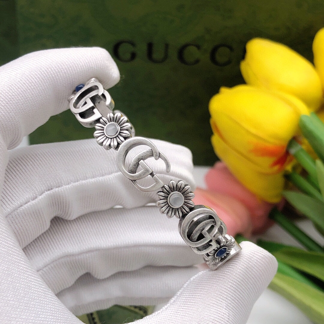 Double Gucci Flowers Open Cuff Bracelet