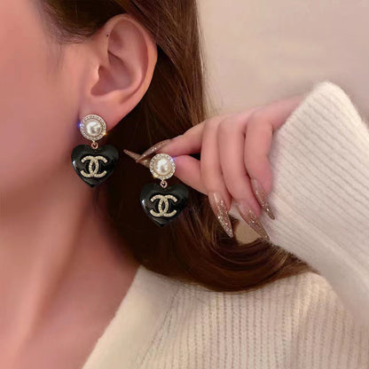 18K  Chanel Black Heart Earrings