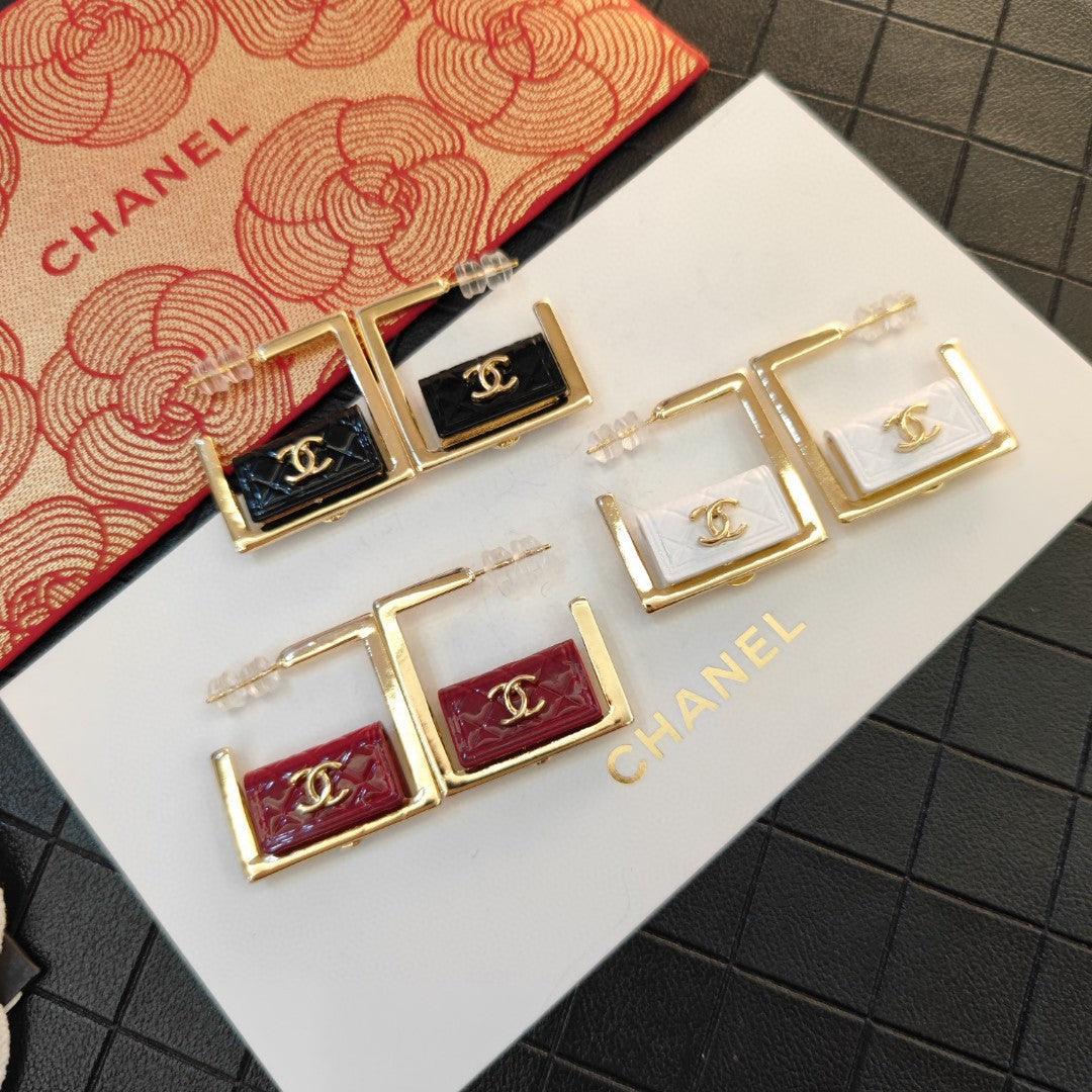 18K  Chanel Black Bag Hoop Earrings