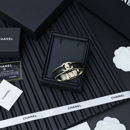 18K  Chanel Black Leather Cuff Bracelet