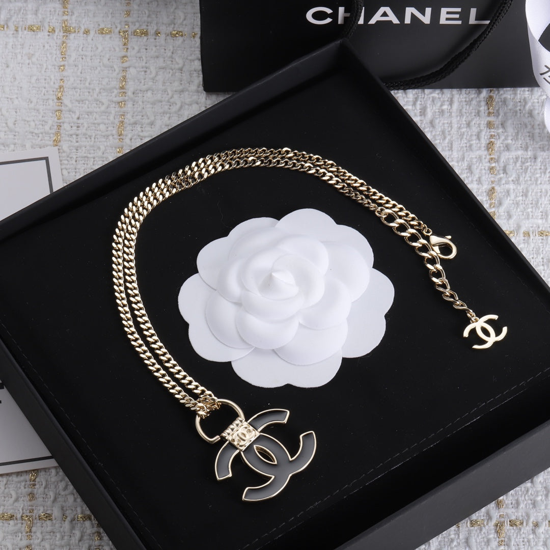 18K  Chanel Black Resin Logo Necklace