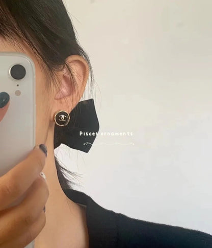18K  Chanel Circle Black Resin Earrings