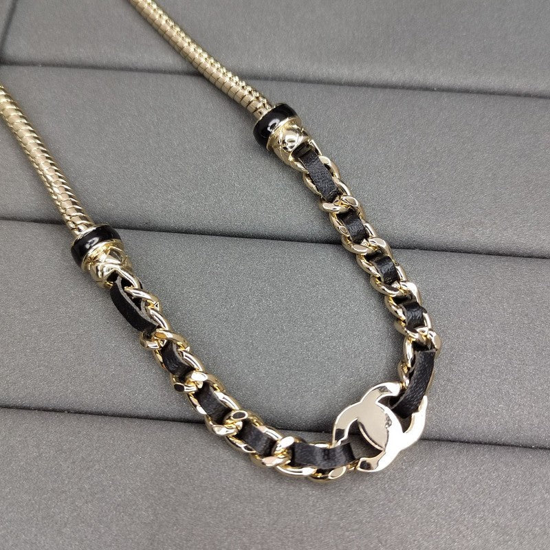 18K  Chanel Black Leather Gold Chain Necklace