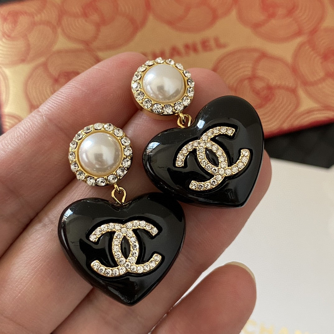 18K  Chanel Black Heart Earrings