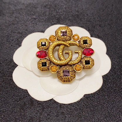 18K Double Gucci Flower Crystal Brooch