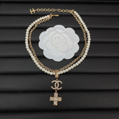 18K  Chanel Cross Diamond Pearl Chain Necklace