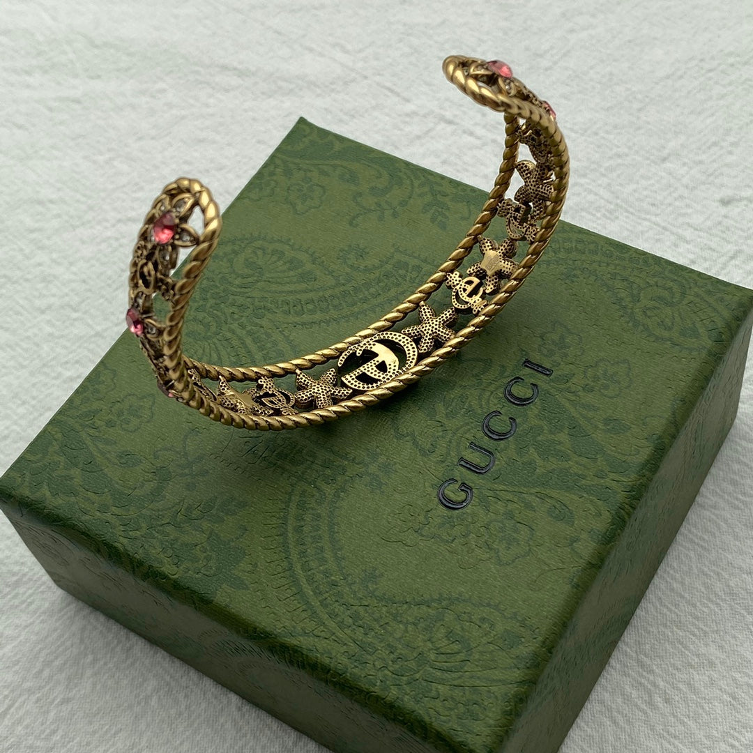 18K Double Gucci Red Crystal Flower Cuff Bracelet