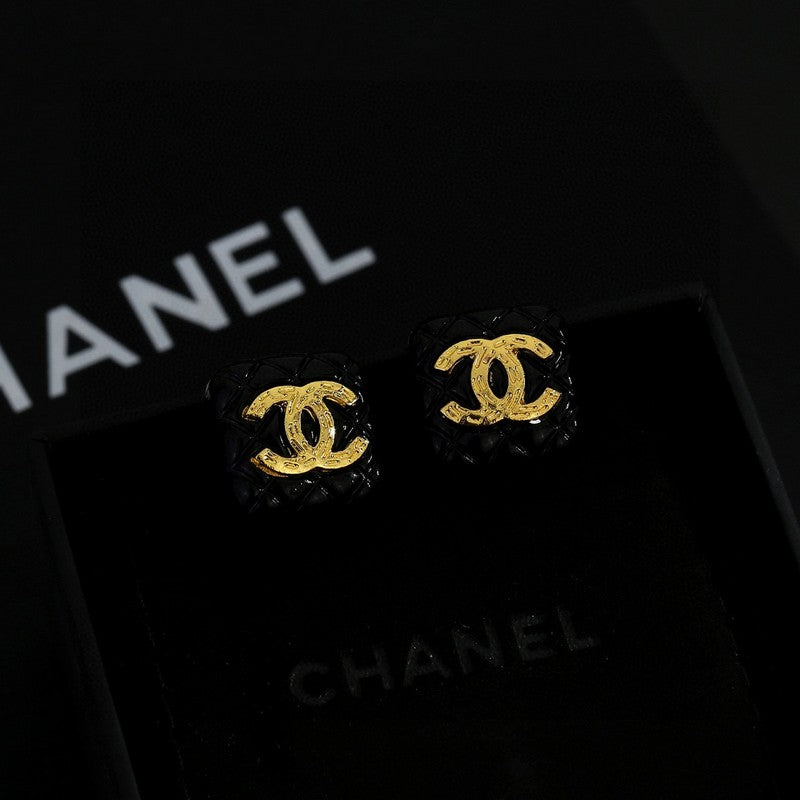 18K  Chanel Black Gold Square Earrings
