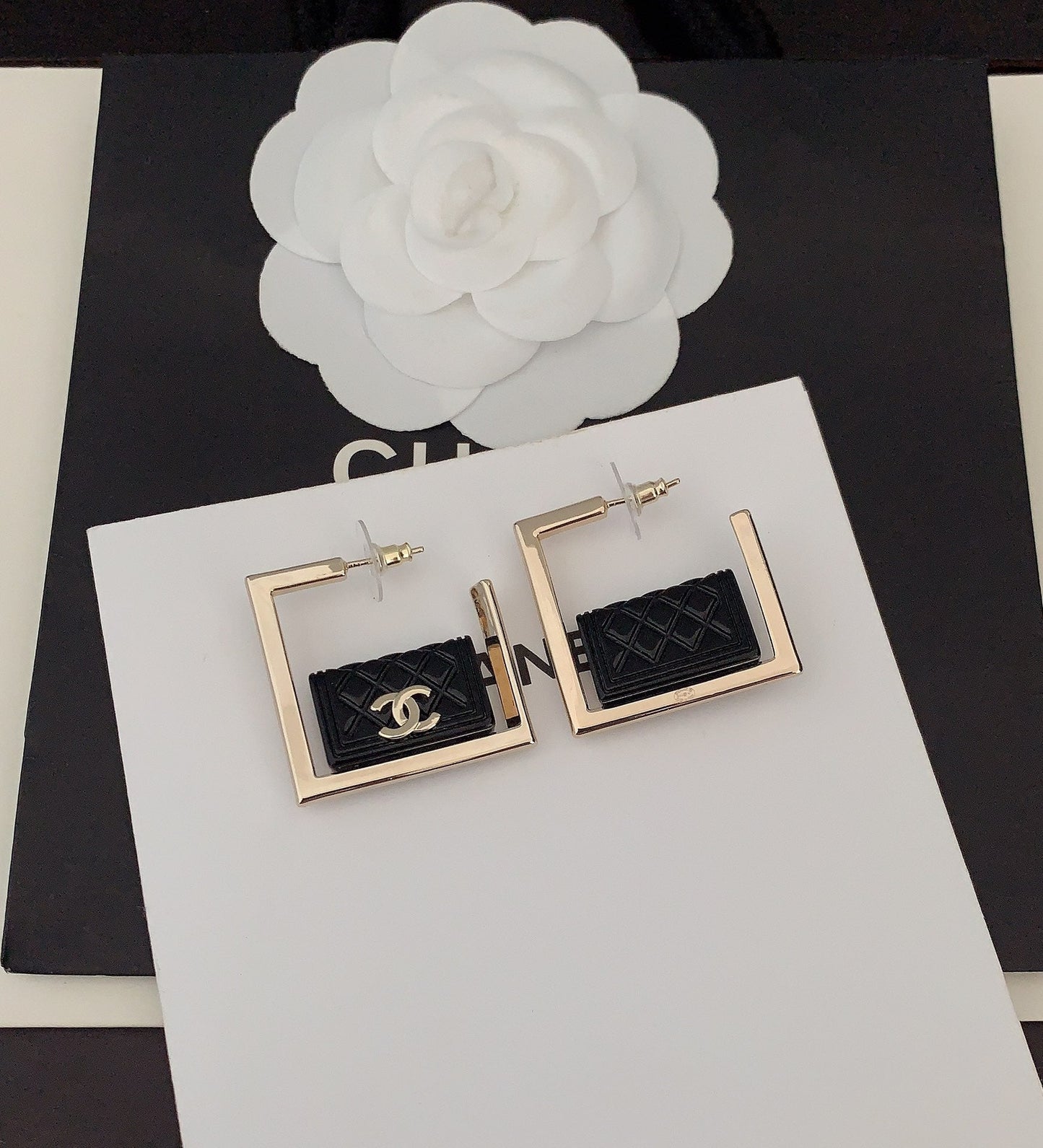 18K  Chanel Black Bag Pendant Earrings