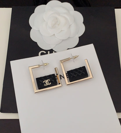18K  Chanel Black Bag Pendant Earrings
