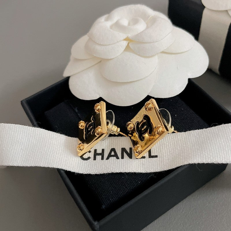 18K  Chanel Black Gold Square Earrings