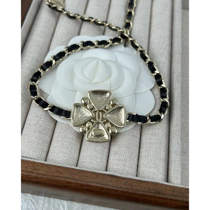 18K  Chanel Black Leather Flower Necklace
