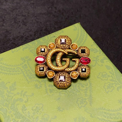 18K Double Gucci Flower Crystal Brooch
