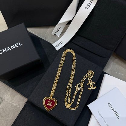 18K  Chanel Black & Red Heart Gold Necklace