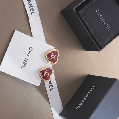 18K  Chanel Black & Red Heart Earrings