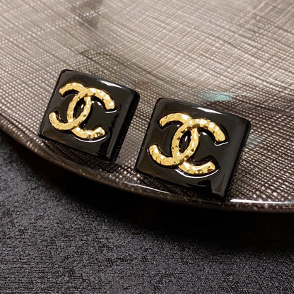 18K  Chanel Black Resin Square Earrings
