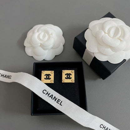 18K  Chanel Black Gold Square Earrings