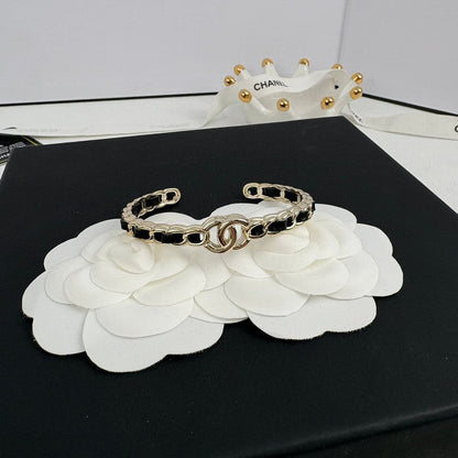 18K  Chanel Black Leather Cuff Bracelet