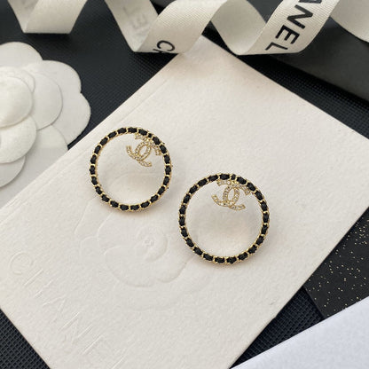 18K  Chanel Black Leather Circle Earrings