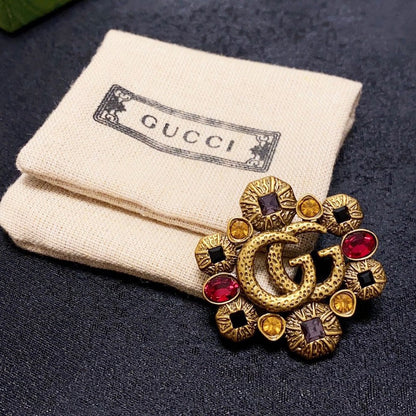 18K Double Gucci Flower Crystal Brooch