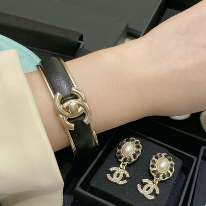 18K  Chanel Black Leather Cuff Bracelet