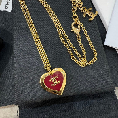 18K  Chanel Black & Red Heart Gold Necklace