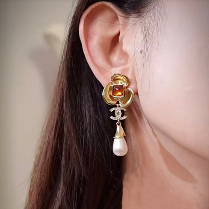 18K  Chanel Camellia Pearl Earrings